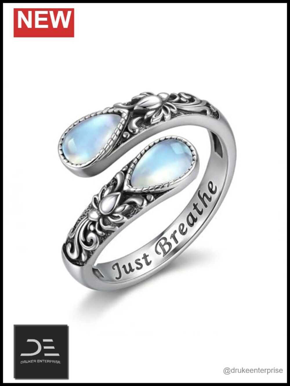 Sterling Silver Just Breathe Lotus Ring Adjustable Inspirational Gift